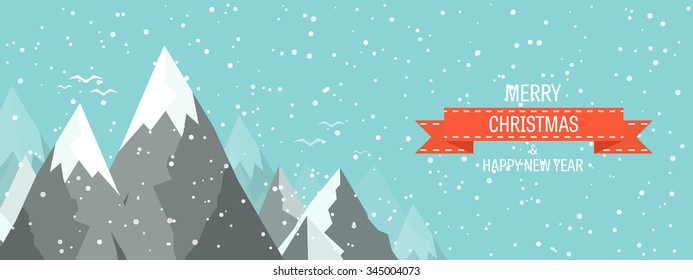 Vector illustration. Winter landscape. Mountaines with snow. Flat. Christmas, new year. Season.