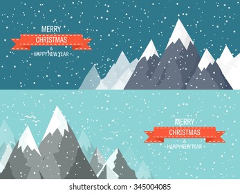 Vector illustration. Winter landscape. Mountaines with snow. Flat. Christmas, new year. Season.