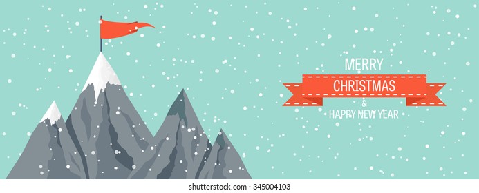 Vector illustration. Winter landscape. Mountaines with snow. Flat. Christmas, new year. Season.