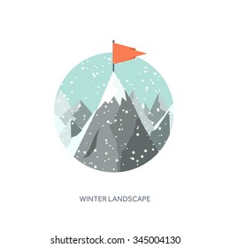 Vector illustration. Winter landscape. Mountaines with snow. Flat. Christmas, new year. Season.