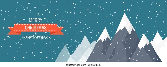 Vector illustration. Winter landscape. Mountaines with snow. Flat. Christmas, new year. Season.