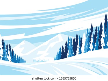 Vector illustration of a winter landscape a mountainous area, snowy slope with a village in the valley