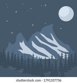 ilustración vectorial de un paisaje invernal con montañas y luna