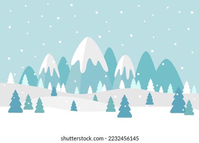 Vector illustration of winter landscape with mountains covered with falling snow, pine tree forest in snowy weather for
happy holidays greeting card, banner, flyer, postcard background, flat design.