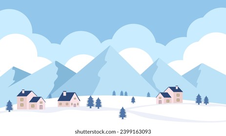 Vector illustration of a winter landscape with mountains, clouds, and houses. Flat design style with snow and cartoon elements, perfect for winter wallpaper. Eps10 vector