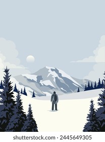 Ilustración vectorial. Paisaje invernal, montañas, Alpes, bosque invernal. Diseño para póster, postal, Anuncio, embalaje, cubierta. Diseño moderno.