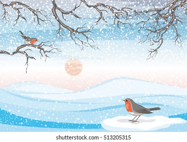 Vector Illustration of a winter landscape in the mountains with trees and snow flakes and two sweet robin redbreasts Christmas greetings seasons greetings