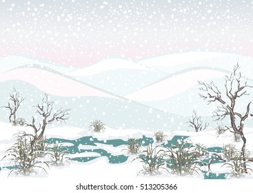 Vector Illustration of a winter landscape in the mountains a peat bog with trees and grass and snowfall Christmas greetings seasons greetings 