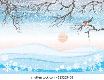 Vector Illustration of a winter landscape in the mountains with trees and snow flakes and a sweet robin redbreast Christmas greetings seasons greetings