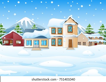 Vector illustration of Winter landscape with mountains and snowy house