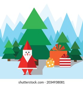 Ilustración vectorial de un paisaje invernal en el nuevo año. Santa Claus con regalos en invierno sobre el fondo de cumbres nevadas y árboles verdes de Navidad. Pancarta de Año Nuevo y navidad