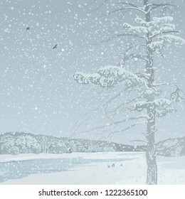 Vector illustration. Winter landscape. Old pine tree and the frozen river under a thick snowfall.
