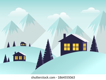 Vector illustration: Winter landscape on the mountains with houses and Christmas trees.