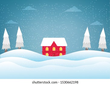 Vector illustration Winter landscape with one houses in forest