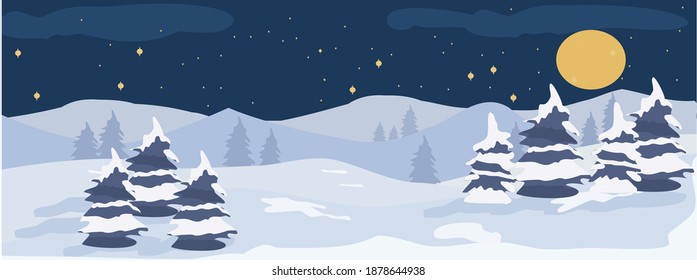 Vector illustration of winter landscape panorama at night with mountains and pine trees as background, clear sky full of stars and moonlight. Minimal winter scenery.