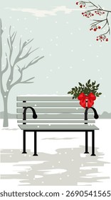 A vector illustration of a winter landscape with a park bench dusted with snow. A bouquet of green branches is decorated with a bright red bow. A snow-covered tree and rowan branches