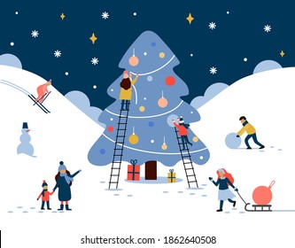 Vector illustration. Winter landscape. People decorate the Christmas tree, in the background of skiers and a man who rolls a snow ball. In the foreground is a girl and a mother with a child