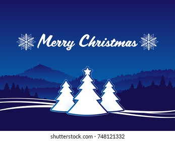 Vector Illustration of winter landscape pine forest on hill and white Christmas tree with star and "Merry Christmas" text in white and snowflake on blue background. Xmas card.