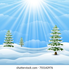 Vector illustration of Winter landscape with pine tree and sunlight background