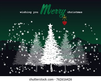Vector Illustration of winter landscape pine forest on hill and "wishing you Merry Christmas " text and Hand-drawn Christmas trees in white and snowflake on green background. Xmas card.