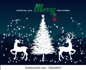 Vector Illustration of winter landscape pine forest on hill and "wishing you Merry Christmas " text and Hand-drawn Christmas trees and deers couple  in white, stars and snowflake on blue background. 