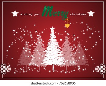 Vector Illustration of winter landscape pine forest on hill and "wishing you Merry Christmas " text and Hand-drawn Christmas trees in white, snowflake and star on red background. Xmas card.
