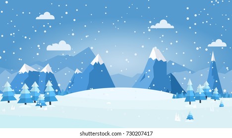 Vector Illustration Of Winter Landscape With Pines And Snowflakes. Cold Winter Scene In Mountains.