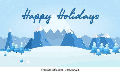 Vector illustration of winter landscape with pines and snowflakes. Cold winter day in mountains.