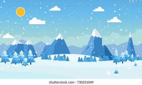 Vector illustration of winter landscape with pines and snowflakes. Cold sunny winter day in  mountains.