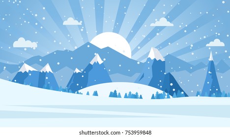 Vektorillustration-Illustration Winterlandschaft mit Kiefern und Schneeflocken