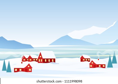 Vector illustration of winter landscape with red houses on the frozen seaside, snow mountains on the background. Arctic landscape in flat cartoon style.