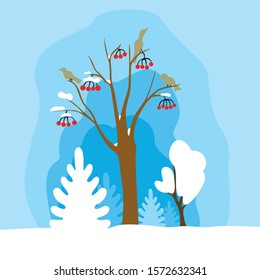 Vector illustration of winter landscape with rowan