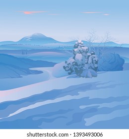 Vector Illustration. Winter landscape. The small pine covered with snow among snowdrifts.