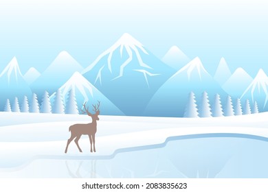 Vector Illustration of Winter landscape and snow mountain with deer near the pond