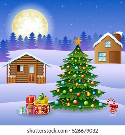 Vector illustration of Winter landscape with snow wooden houses and christmas tree