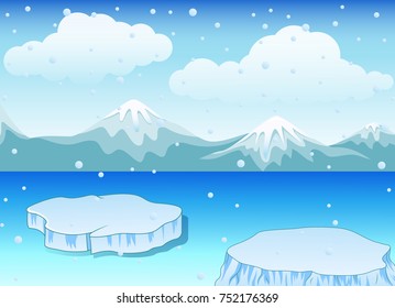 Vector illustration of Winter landscape with snow mountains and ice floe