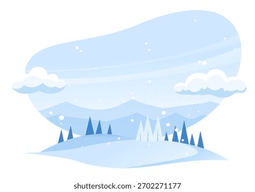 Vector illustration of a winter landscape with snow-covered hills, pine trees, and mountains in the background, set against a light blue sky with clouds and falling snow. 