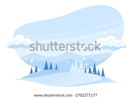 Vector illustration of a winter landscape with snow-covered hills, pine trees, and mountains in the background, set against a light blue sky with clouds and falling snow. 