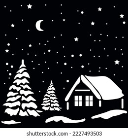 Vector illustration of a winter landscape, snowfall, a house, light is visible in the windows, the moon and stars are in the sky, fir trees grow near the house