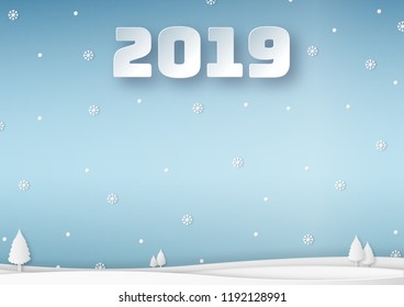 Vector illustration of winter landscape with snowflakes, snowball and Christmas trees on blue background, copy space, paper art design and craft style. Merry Christmas and New Year concept.