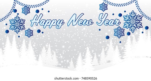 Vector Illustration of winter landscape with snowflakes and white pine tree on hill and
"HAPPY NEW YEAR" text in white and blue on light gray background. New year card.