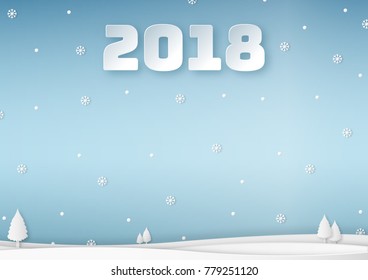 Vector illustration of winter landscape with snowflakes, snowball and Christmas trees on blue background, copy space, paper art design and craft style. Merry Christmas and New Year concept.