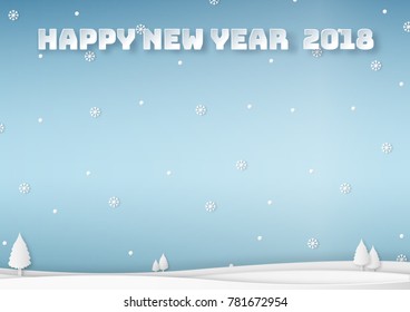 Vector illustration of winter landscape with snowflakes, snowball and Christmas trees on blue background, copy space, paper art design and craft style. Merry Christmas and 2018 New Year concept.