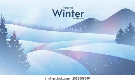 Vector illustration. Winter landscape. Snowy backgrounds. Snowdrifts. Snowfall. Clear blue sky with mountains. Snowy weather. Natural tree silhouettes. Flat winter landscape. 