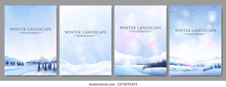 Vector illustration. Winter landscape. Snowy backgrounds. Snowdrifts. Snowfall. Clear blue sky. Blizzard. Snowy weather. Design elements for poster, book cover, brochure, magazine, booklet. Bokeh