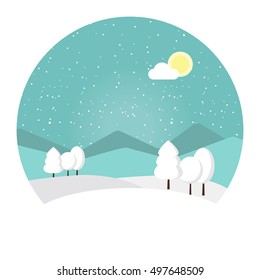 Vector illustration winter landscape. Snowy mountain. Winter time. Wonderful winter morning of Christmas. Blue landscape, rocks and clouds, snowdrifts and trees. Winter sun day.