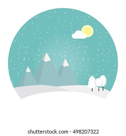 Vector illustration winter landscape. Snowy mountain. Winter time. Wonderful winter morning of Christmas. Blue landscape, rocks and clouds, snowdrifts and trees. Winter sun day.