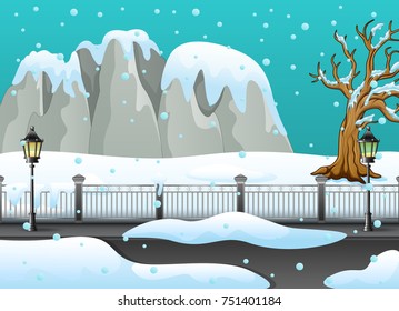 Vector illustration of Winter landscape with snowy rocks and snow on the street