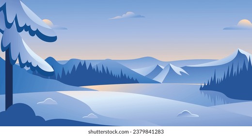 Vector illustration of winter landscape Sunrise, sunset with pine trees, mountains and lake winter landscape in blue colors