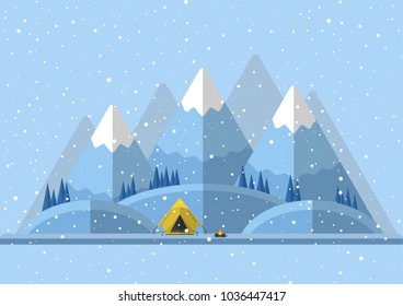 Vector illustration. Winter landscape with a tent and a fire. Flat design.